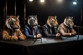 Four men with tiger headwear address the media during a press conference.