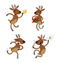 Four merry Christmas deer. Color illustration for decoration of products or souvenirs for the new year holiday.