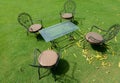 Four metal chairs in a grassy lawn