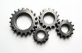Four metal gears lie on white background. Cogwheels different sizes. Engineering system, teamwork, business communication Royalty Free Stock Photo