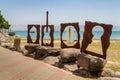 Four metal sculptures in Ginosar near Sea of Galilee, Israel