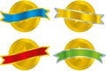 Four metallic seals with colored ribbons in various colors