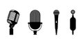 Four microphones retro classic and modern set. Microphone black silhouette on white background. Music icon mic. Mike Royalty Free Stock Photo