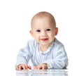 Four month Infant child baby boy in blue cloth lying happy looking at the camera isolated Royalty Free Stock Photo