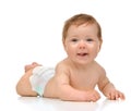 Four month Infant child baby girl in diaper lying happy smiling Royalty Free Stock Photo