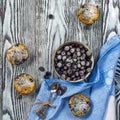 Four muffins with blackcurrant top view Royalty Free Stock Photo