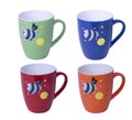 Four mugs red, green, blue, orange, with printed design fish Royalty Free Stock Photo