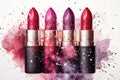 Four multi-colored lipsticks on a background of watercolor splashes, spots and drops, cosmetics