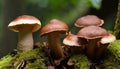 Four mushrooms growing on a tree branch