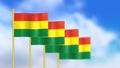 Four national flag of Bolivia waving in wind focused on first flag