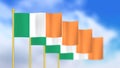 Four national flag of Ireland waving in wind focused on first flag