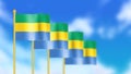 Four national flag of republic of gabonese waving in wind focused on first flag