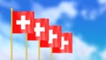 Four national flag of Switzerland waving in wind focused on first flag