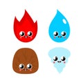 Four natural elements Cute kawaii set. Wind and fire, water and earth funny wind cartoon style. kids character. Childrens style