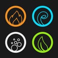Four natural elements - fire, air, water, earth - nature circular symbols with flame, bubble air, wave water and leaf