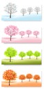 Four Nature Backgrounds with stylized trees representing different seasons - winter, spring, summer and autumn