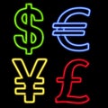 Four Neon Currency Symbols on Black