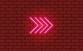 Four neon glow arrows pointing direction right. Light pink icon on a night red brick wall background. Vintage retro vector sign