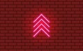 Four neon glow arrows pointing direction up. Light pink icon on a night red brick wall background. Vintage retro vector sign
