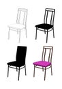 Four old-fashioned chairs. Silhouette and linear graphics illustration. Isolated on a white background