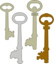 Four old keys, devices for a lock