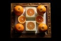 Four orange slices arranged artfully on a plate