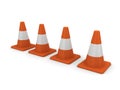 Four orange traffic cones. 3d render isolated on white background