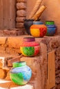 Four ornated traditional decorated arabic jars standing on street of Al Ula, Medina province, Saudi Arabia
