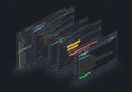 Four overlapping browser-style windows display code editors on a dark background. Each window Royalty Free Stock Photo