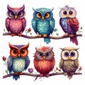 four owls on a branch with different colors and sizes stock photo