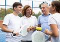 Four paddle tennis players talking on court Royalty Free Stock Photo