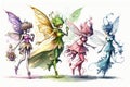 Four painted fairies of different colors on a white background. Generative ai Royalty Free Stock Photo