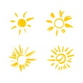 Four painted suns. Vector solar symbols set. Royalty Free Stock Photo