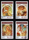 Four paintings by Alfonse Mucha on stamps from Mozambique