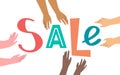 Four pairs of hands holding sale sign