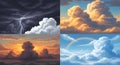 Four panel image of different weather conditions: storm, golden clouds, sunset, and rainbow. ai generated. Royalty Free Stock Photo