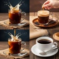 As it collides with dark coffee in clear glass mugs each placed on a Royalty Free Stock Photo
