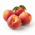 Four Peaches With Leaves On White Background - Soft-edged, Texture-rich, Velvia Style Royalty Free Stock Photo