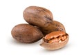 Four pecan nuts on white background