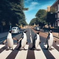 Four penguins crossing at Abbey Road