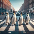 Four penguins crossing London Road