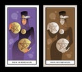 Four of pentacles. Tarot cards. Beautiful and elegant rich woman, wearing hat with feathers and four golden pentacles