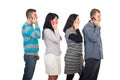 Four people in a line talking by cellphones Royalty Free Stock Photo