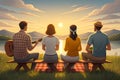 Four people sitting on a bench watching the sunset over a lake with guitar Royalty Free Stock Photo