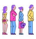 Four people standing in profile, line art style. Adult males and females, casual attire, no background. Social