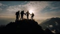 Four Person Reaching the Summit Together - Friends Silhouettes Generative AI photo