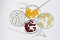 Four petri dishes with labware and pills capsules in yellow, white, red and orange colors on a white isolated background. Dietary