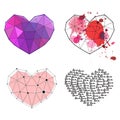 four pictures of stylized hearts in low poly style, sketches vector graphic colour illustrations