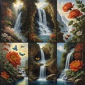 four pictures of a waterfall with flowers and butterflies.