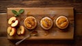 four pies on a wooden cutting board with sliced apples